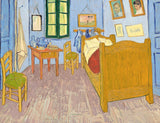 Bedroom in Arles by Vincent van Gogh: a small room with a yellow bed, red blanket, two chairs, blue walls and a green window