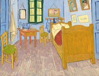 Bedroom in Arles by Vincent van Gogh: a small room with a yellow bed, red blanket, two chairs, blue walls and a green window