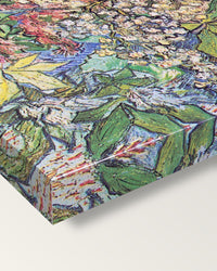 Blossoming Chestnut Branches by van Gogh on stretched canvas, corner close-up: the painting mirror-wrapped round the sides