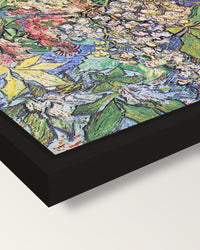 Blossoming Chestnut Branches framed canvas, corner close-up: a black floating frame with a shadow gap round the canvas