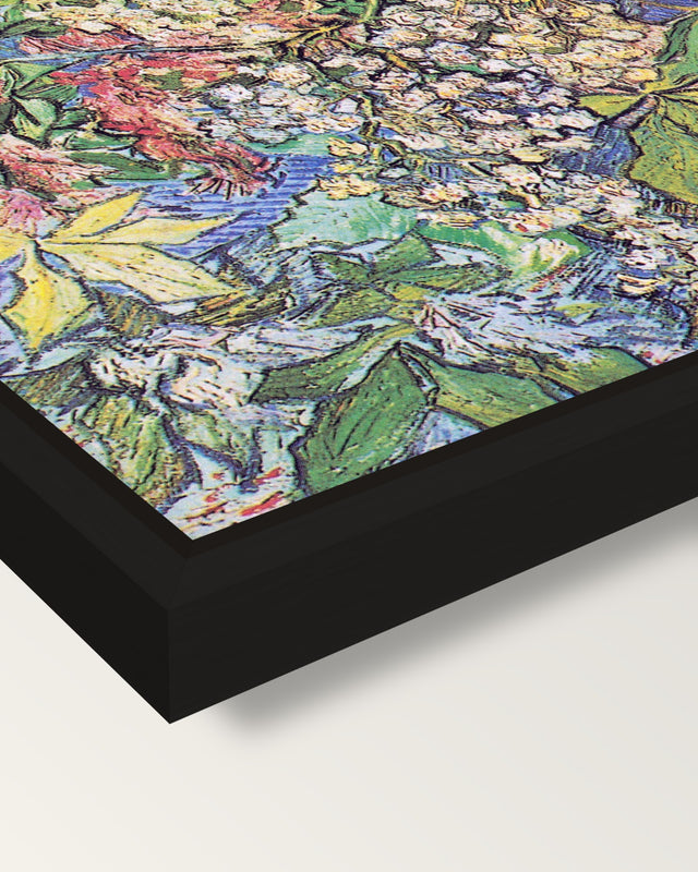 Blossoming Chestnut Branches framed canvas, corner close-up: a black floating frame with a shadow gap round the canvas