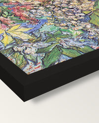 Blossoming Chestnut Branches framed print, corner close-up: black moulding, mitred, the print set just below its edge