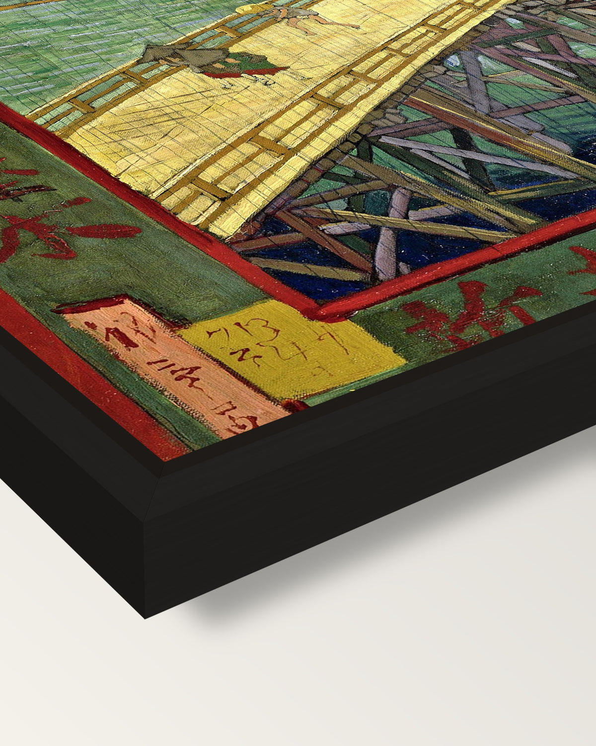 Bridge in the Rain by van Gogh framed canvas, corner close-up: a black floating frame with a shadow gap round the canvas