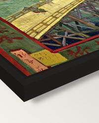 Bridge in the Rain by van Gogh framed canvas, corner close-up: a black floating frame with a shadow gap round the canvas