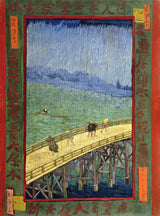 Bridge in the Rain by Vincent van Gogh: people crossing a wooden bridge in slanting rain, inside a red border of characters