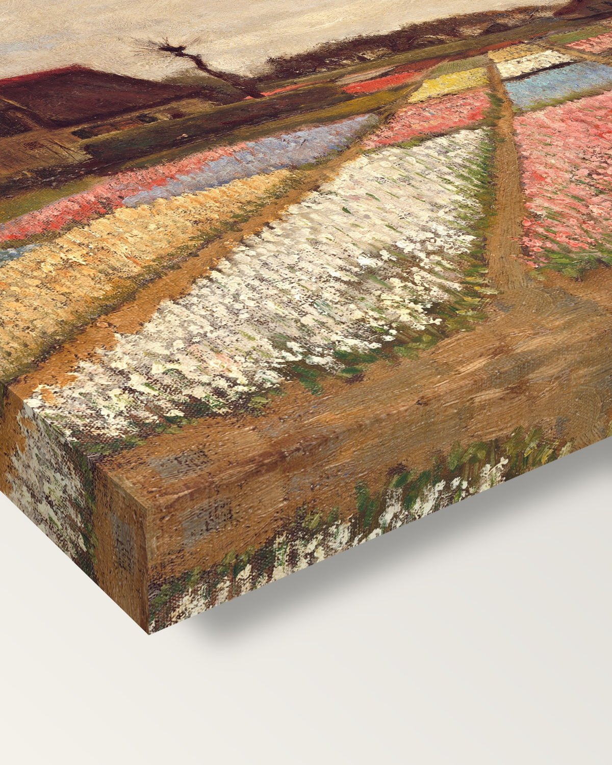 Bulb Fields by Vincent van Gogh on stretched canvas, corner close-up: the painting mirror-wrapped round the sides
