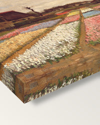 Bulb Fields by Vincent van Gogh on stretched canvas, corner close-up: the painting mirror-wrapped round the sides
