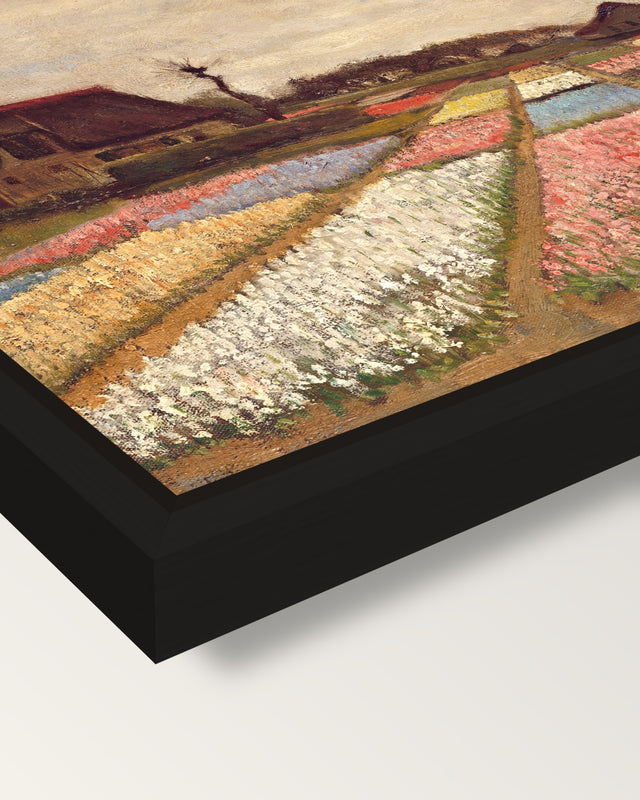 Bulb Fields by Vincent van Gogh framed canvas, corner close-up: a black floating frame with a shadow gap round the canvas