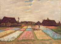 Bulb Fields by Vincent van Gogh: strips of white, pink, yellow and blue hyacinths running toward thatched farmhouses