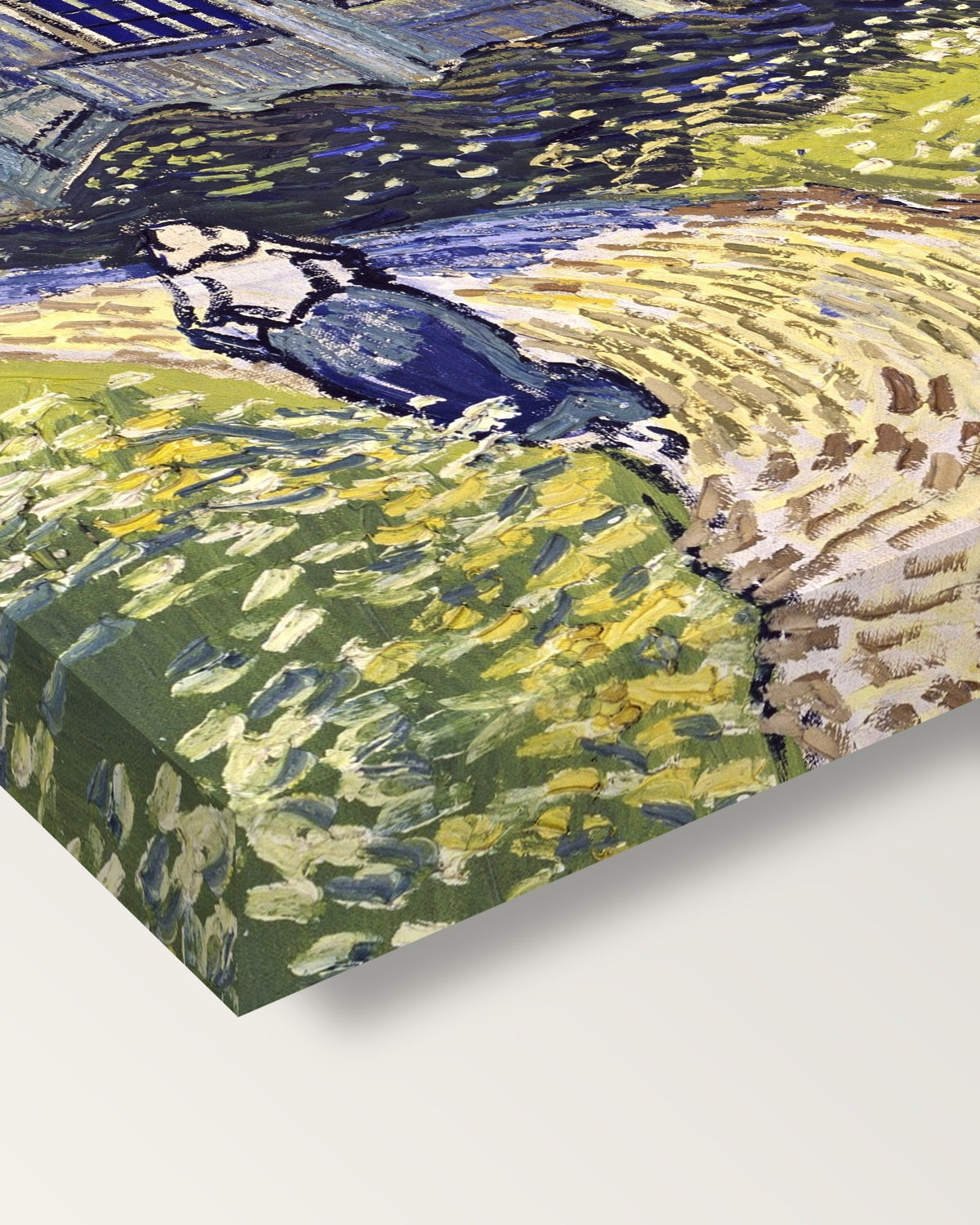 The Church at Auvers by Vincent van Gogh on stretched canvas, corner close-up: the painting mirror-wrapped round the sides