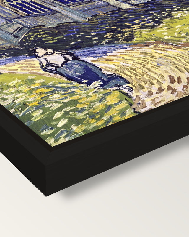 The Church at Auvers by van Gogh framed canvas, corner close-up: a black floating frame with a shadow gap round the canvas