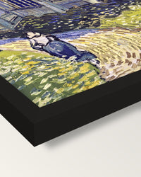 The Church at Auvers by van Gogh framed print, corner close-up: black moulding, mitred, the print set just below its edge
