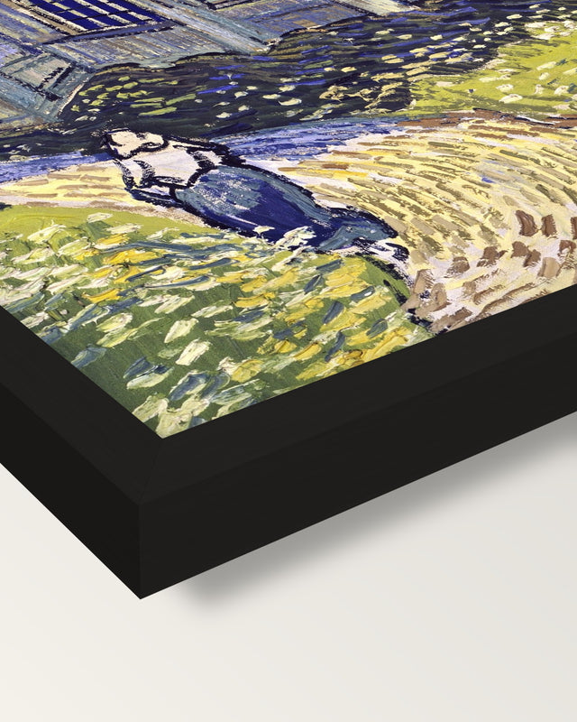 The Church at Auvers by van Gogh framed print, corner close-up: black moulding, mitred, the print set just below its edge