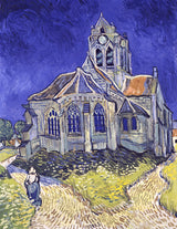 The Church at Auvers by Vincent van Gogh: a violet-blue church against a deep cobalt sky, two paths forking in sunlit grass