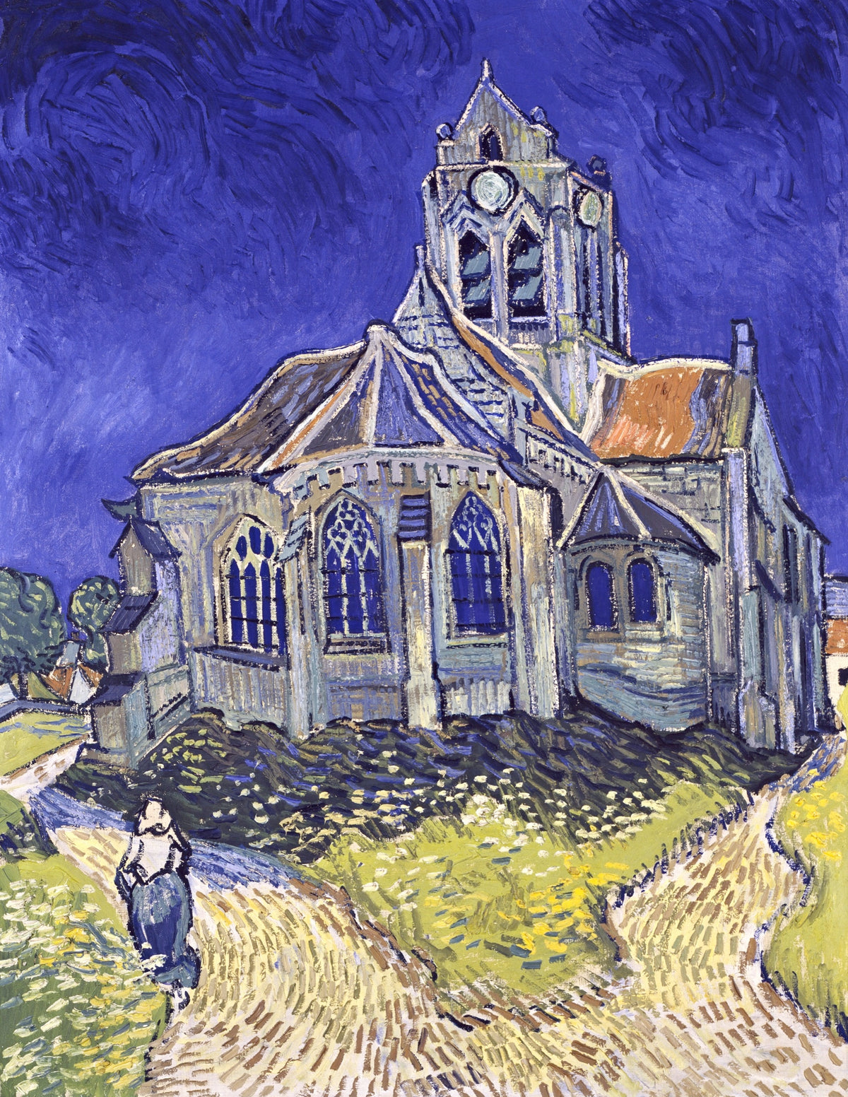 The Church at Auvers by Vincent van Gogh: a violet-blue church against a deep cobalt sky, two paths forking in sunlit grass