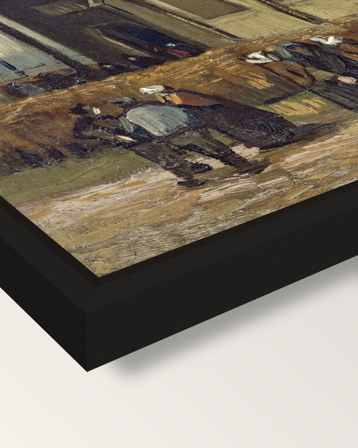 Congregation Leaving the Church framed canvas, corner close-up: a black floating frame with a shadow gap round the canvas