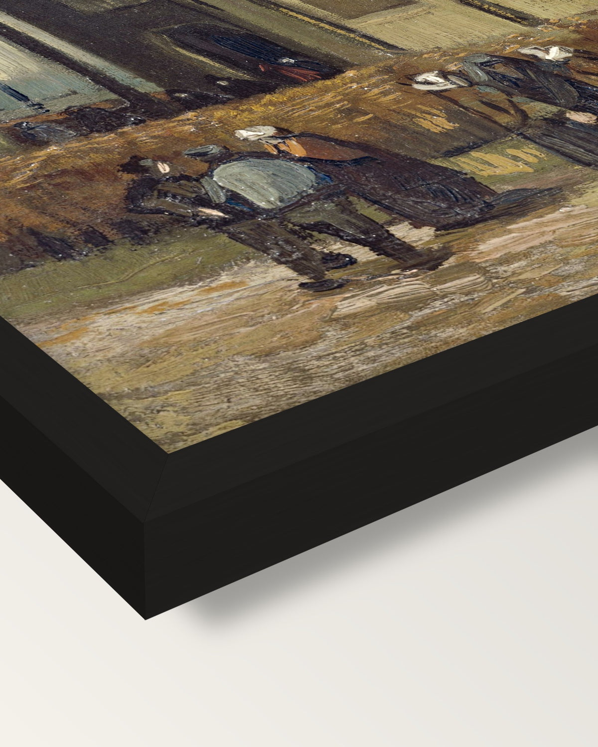 Congregation Leaving the Church framed print, corner close-up: black moulding, mitred, the print set just below its edge