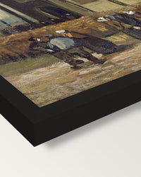 Congregation Leaving the Church framed print, corner close-up: black moulding, mitred, the print set just below its edge