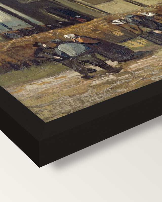 Congregation Leaving the Church framed print, corner close-up: black moulding, mitred, the print set just below its edge