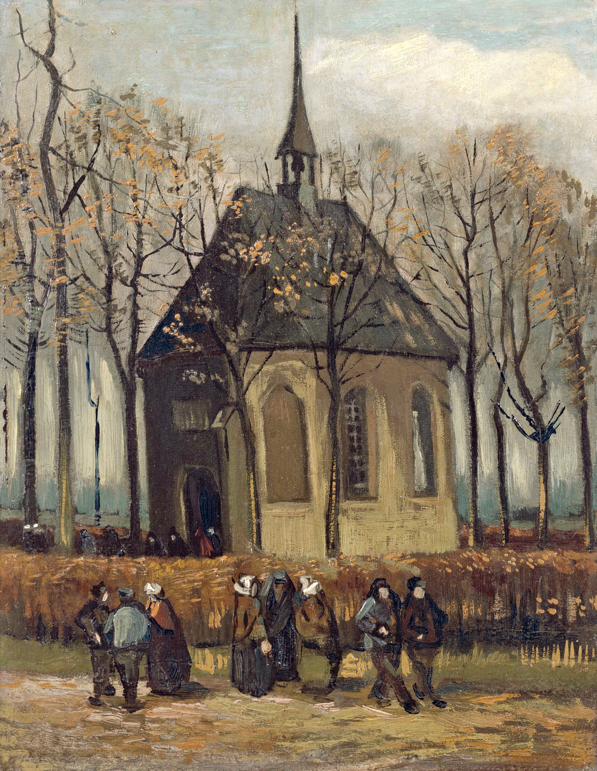 Congregation Leaving the Reformed Church by Vincent van Gogh: a small church among bare trees, people in black walking out