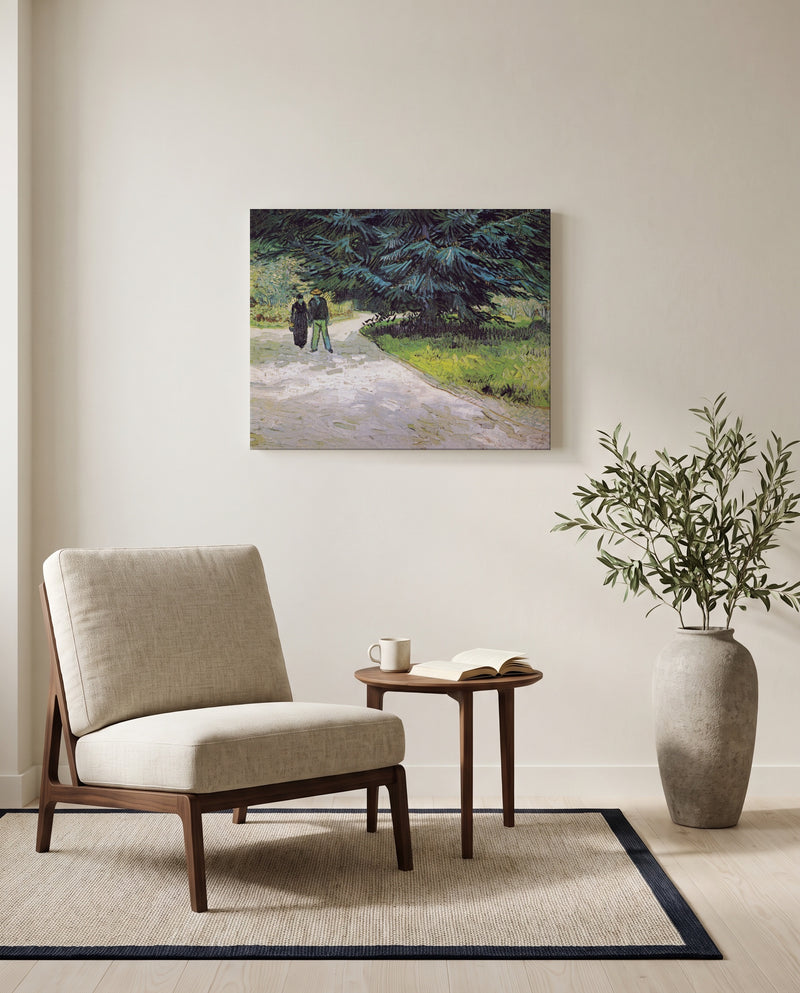 Couple in the Park, Arles by Vincent van Gogh as a stretched canvas above a linen lounge chair in a reading corner