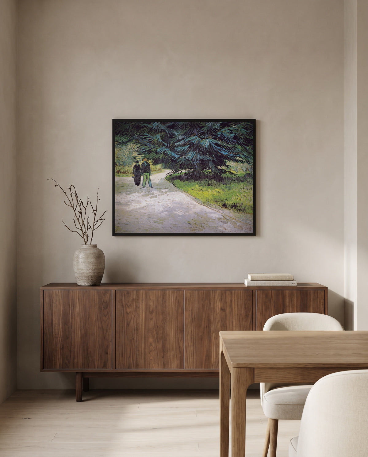 Couple in the Park, Arles by Vincent van Gogh in a black frame above a walnut sideboard in a dining room