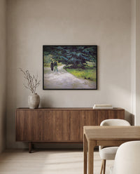 Couple in the Park, Arles by Vincent van Gogh in a black frame above a walnut sideboard in a dining room
