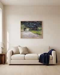Couple in the Park, Arles by Vincent van Gogh framed in natural oak above a cream sofa in a warm living room