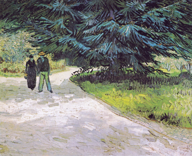 Couple in the Park at Arles by Vincent van Gogh: a couple walking on a path under a great blue-green fir tree