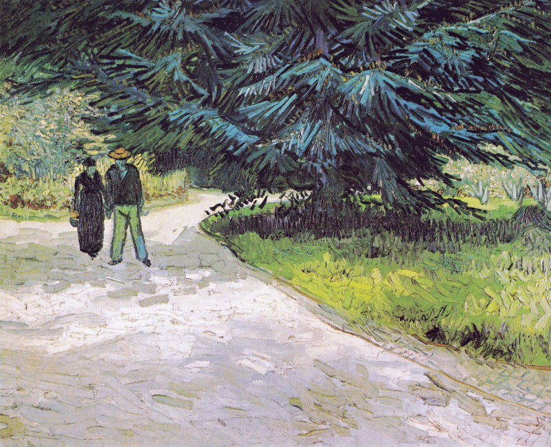 Couple in the Park at Arles by Vincent van Gogh: a couple walking on a path under a great blue-green fir tree