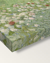 Daubigny’s Garden by Vincent van Gogh on stretched canvas, corner close-up: the painting mirror-wrapped round the sides