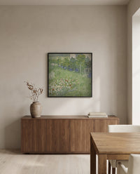 Daubigny’s Garden by Vincent van Gogh in a black frame above a walnut sideboard in a dining room