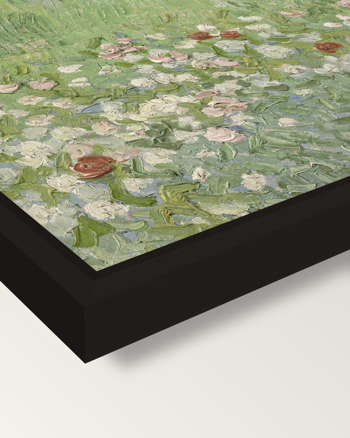 Daubigny’s Garden by van Gogh framed canvas, corner close-up: a black floating frame with a shadow gap round the canvas