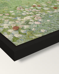 Daubigny’s Garden by van Gogh framed canvas, corner close-up: a black floating frame with a shadow gap round the canvas
