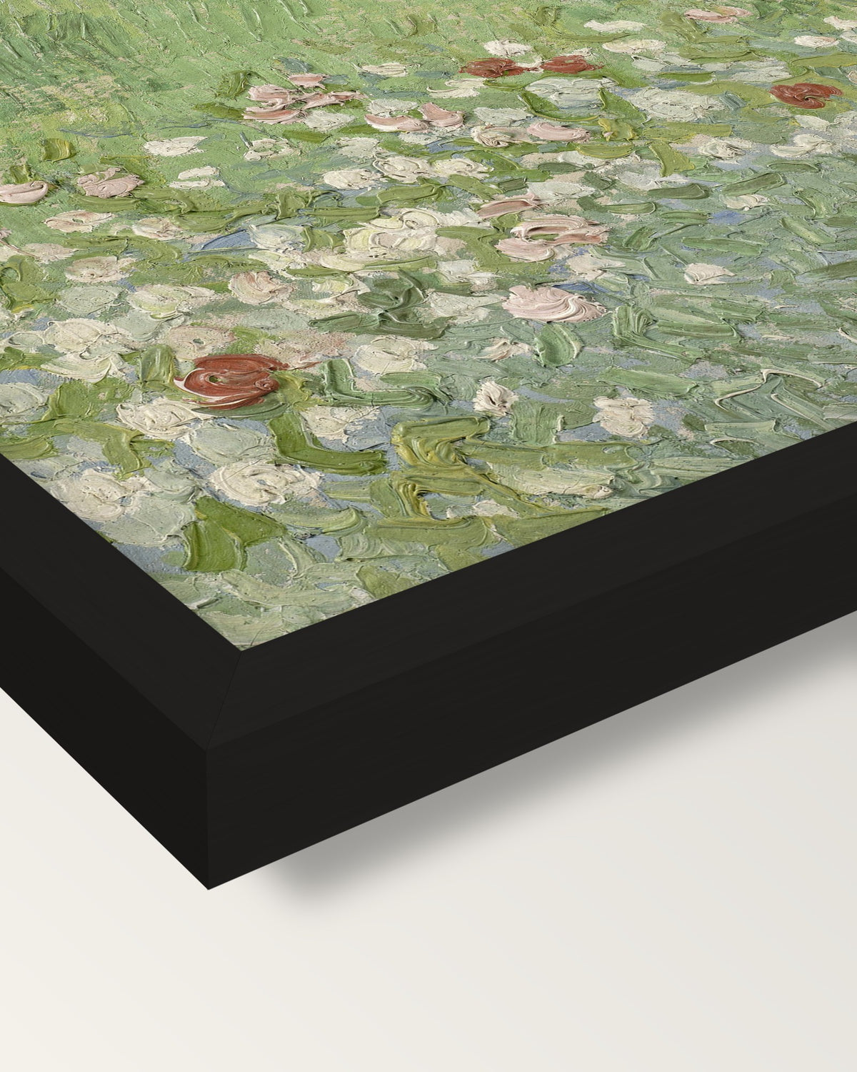 Daubigny’s Garden by van Gogh framed print, corner close-up: black moulding, mitred, the print set just below its edge