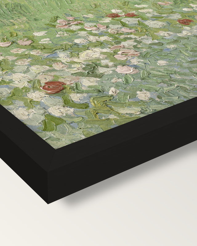 Daubigny’s Garden by van Gogh framed print, corner close-up: black moulding, mitred, the print set just below its edge