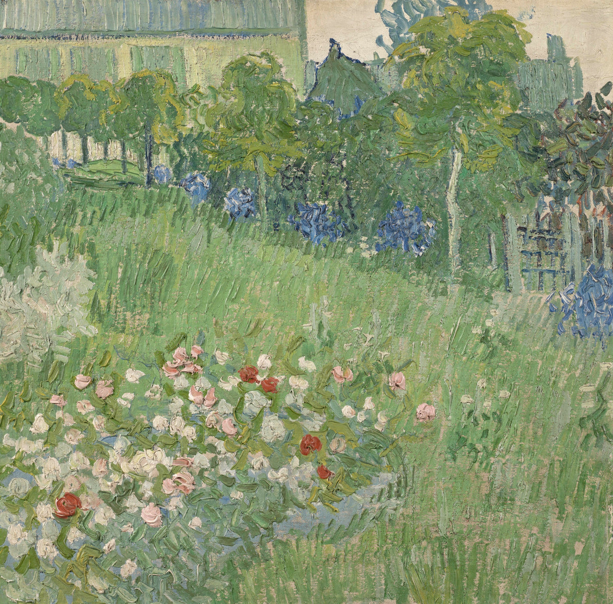 Daubigny’s Garden by Vincent van Gogh: a thick green garden full of flowers, trees and a house with closed shutters behind