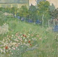 Daubigny’s Garden by Vincent van Gogh: a thick green garden full of flowers, trees and a house with closed shutters behind