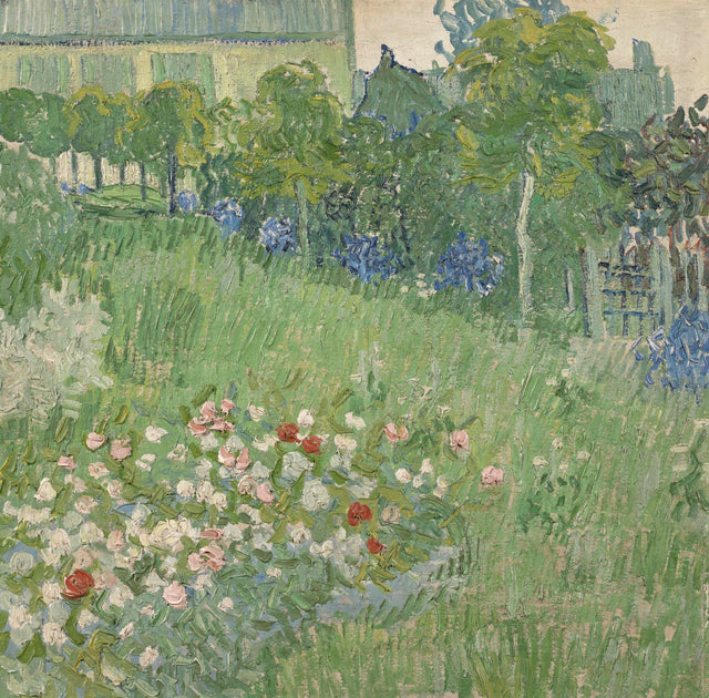 Daubigny’s Garden by Vincent van Gogh: a thick green garden full of flowers, trees and a house with closed shutters behind