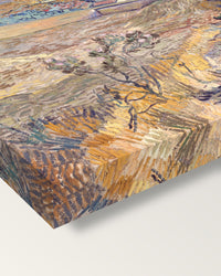 Enclosed Field with Peasant by van Gogh on stretched canvas, corner close-up: the painting mirror-wrapped round the sides