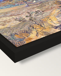 Enclosed Field with Peasant framed canvas, corner close-up: a black floating frame with a shadow gap round the canvas
