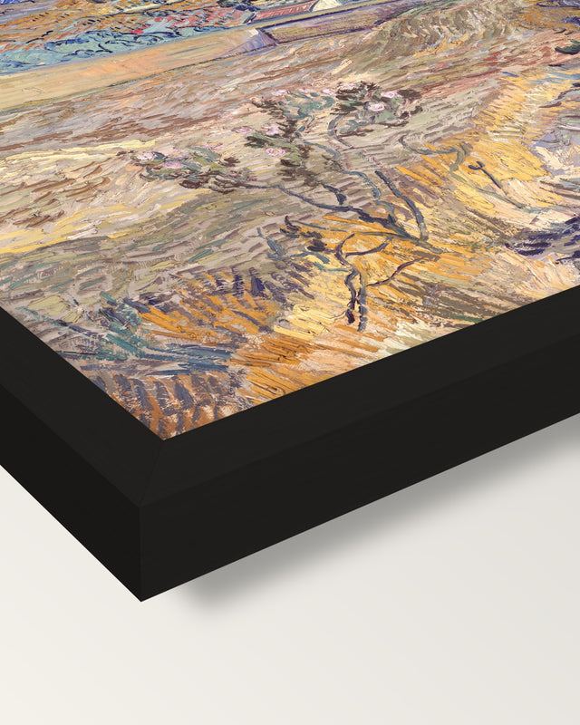 Enclosed Field with Peasant framed print, corner close-up: black moulding, mitred, the print set just below its edge
