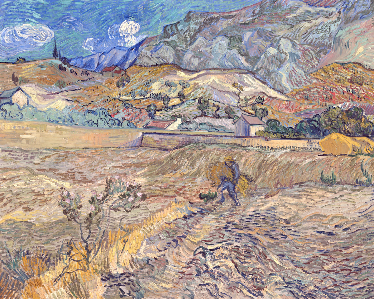 Enclosed Field with Peasant by Vincent van Gogh: a man carrying straw across a violet ploughed field below rocky hills
