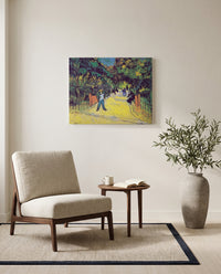 Entrance to the Public Park by Vincent van Gogh as a stretched canvas above a linen lounge chair in a reading corner