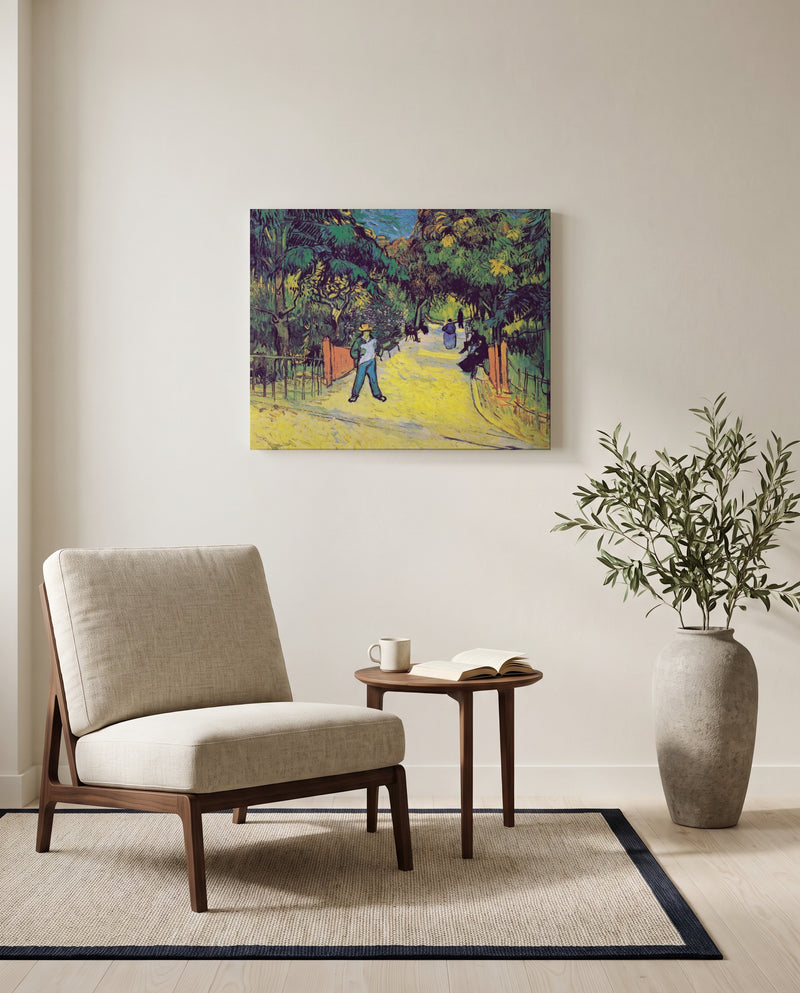 Entrance to the Public Park by Vincent van Gogh as a stretched canvas above a linen lounge chair in a reading corner