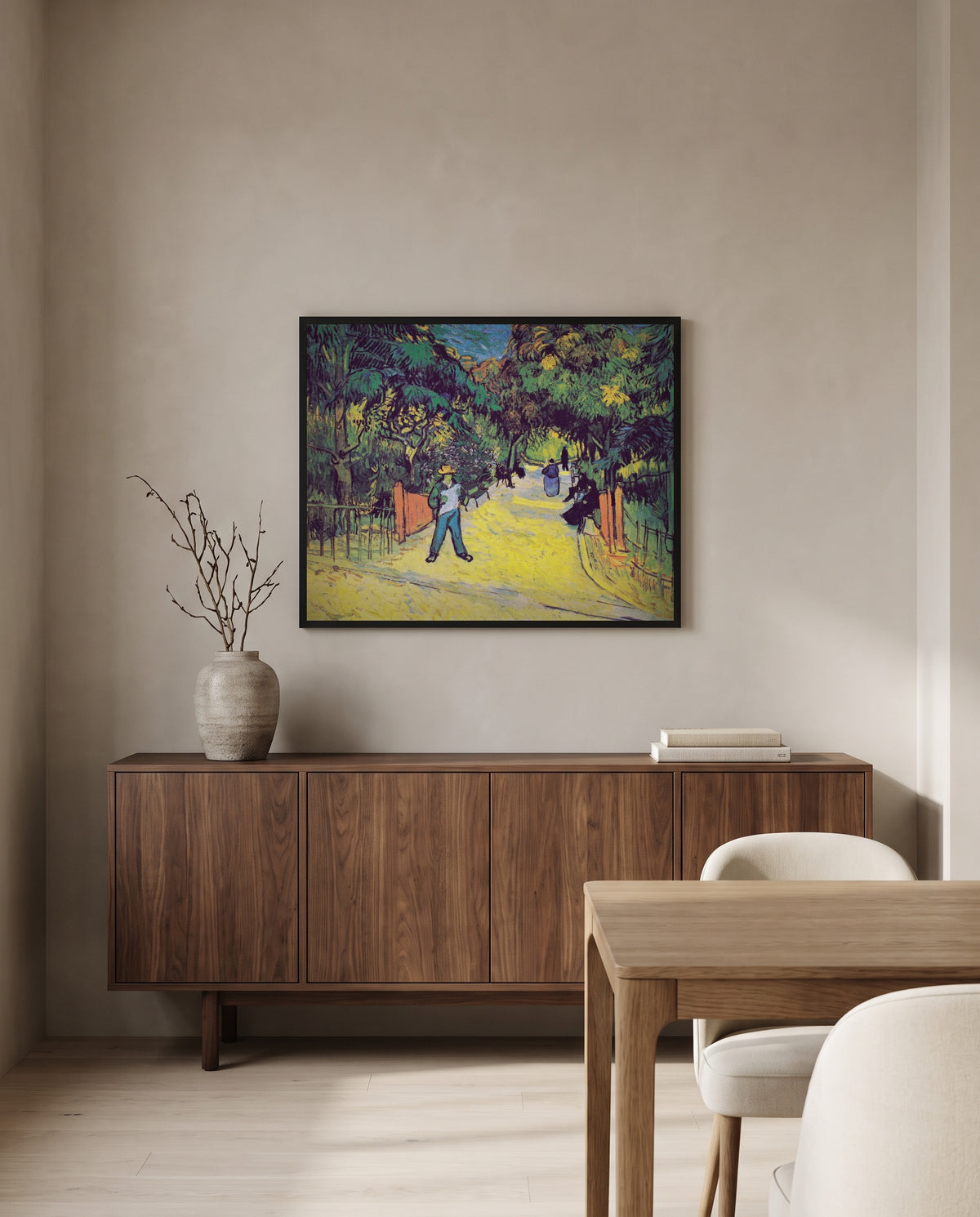 Entrance to the Public Park by Vincent van Gogh in a black frame above a walnut sideboard in a dining room