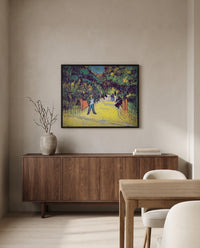 Entrance to the Public Park by Vincent van Gogh in a black frame above a walnut sideboard in a dining room