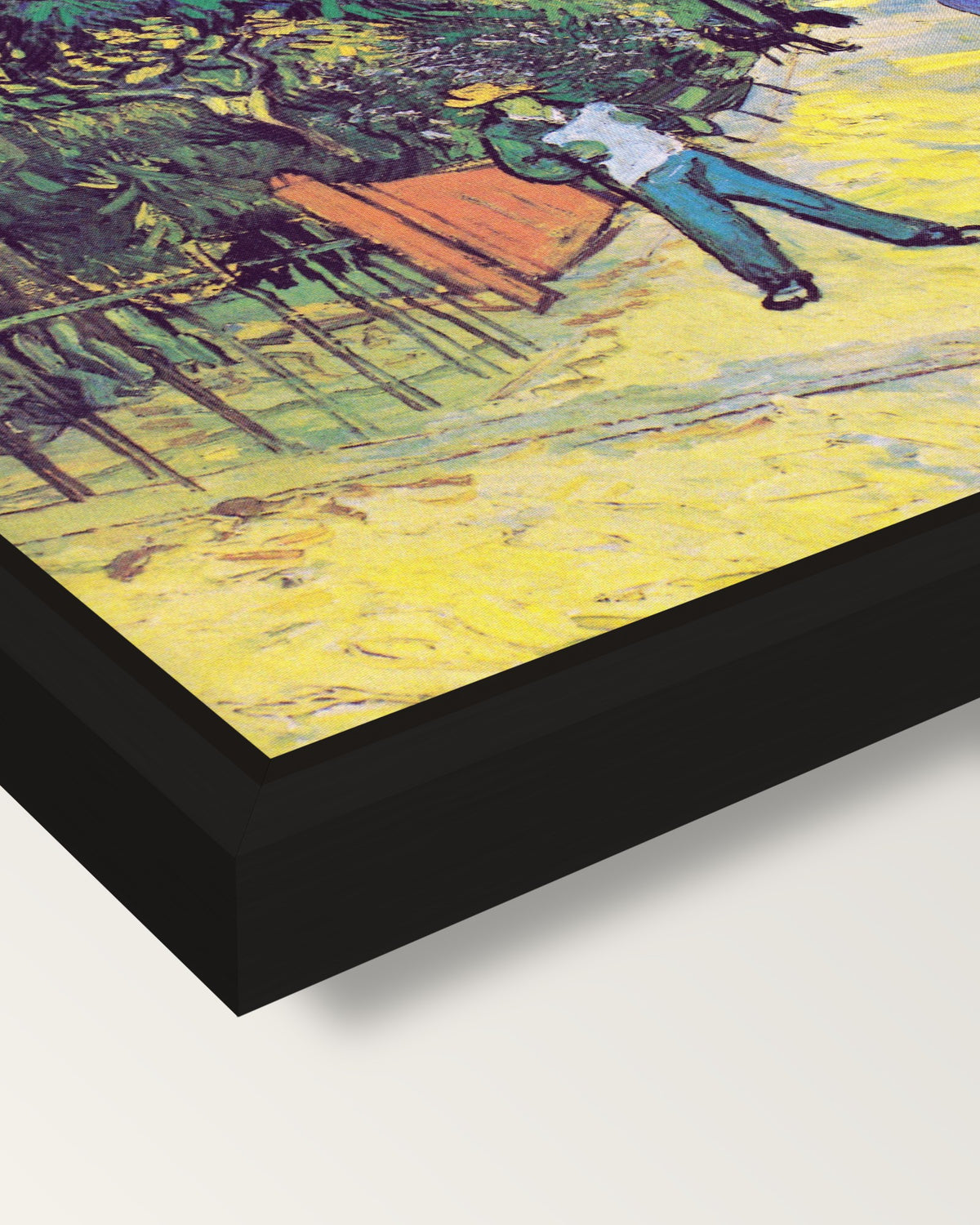 Entrance to the Public Park framed canvas, corner close-up: a black floating frame with a shadow gap round the canvas