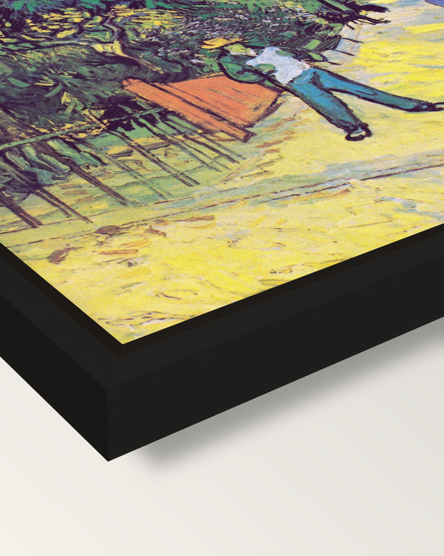 Entrance to the Public Park framed canvas, corner close-up: a black floating frame with a shadow gap round the canvas