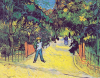 Entrance to the Public Park by Vincent van Gogh: a man in a straw hat at a park gate, strollers under green trees